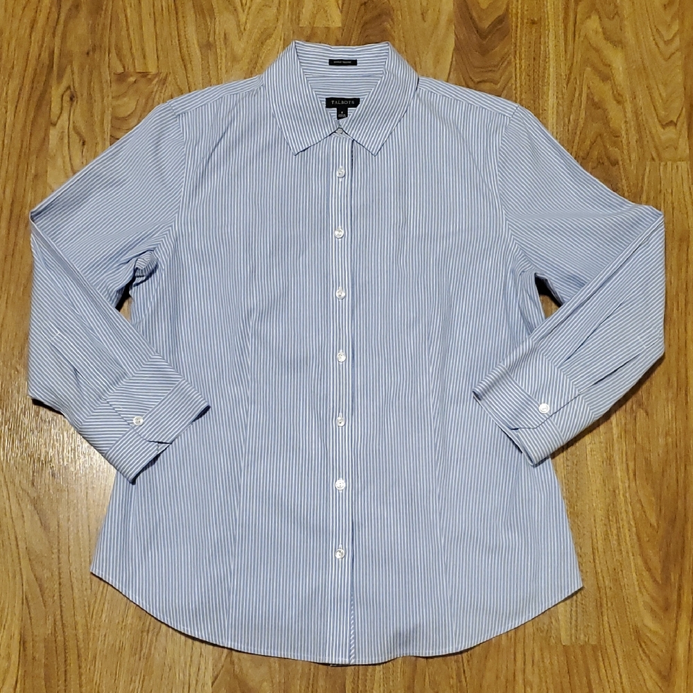 Talbots Light Blue & White Striped 3/4 Sleeve Button Down Shirt Womens 8